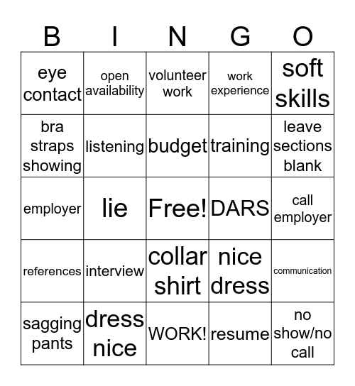 Job Club Bingo Card