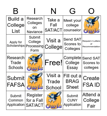 College Application Checklist  Bingo Card