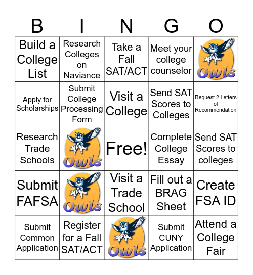 College Application Checklist  Bingo Card