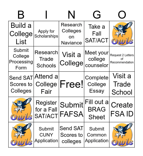 College Application Checklist  Bingo Card