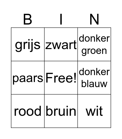 de kleuren Bingo Card