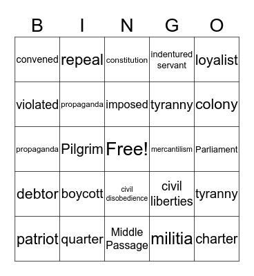 American Revolution Vocabulary Bingo Card