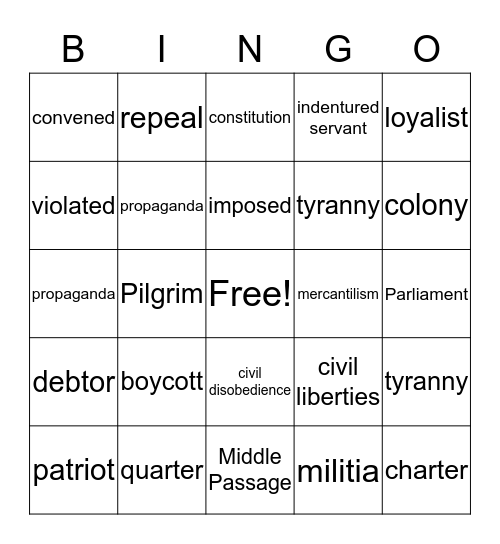 American Revolution Vocabulary Bingo Card
