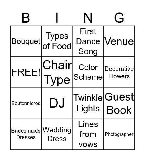 Wedding Bingo Card