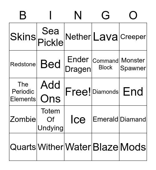 Minecraft Bingo Card