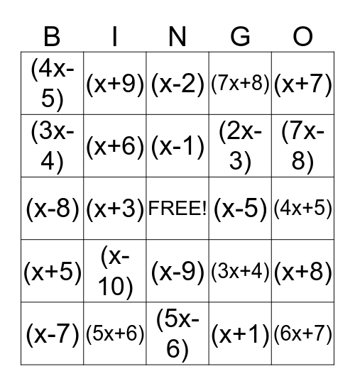 Factoring Bingo Card