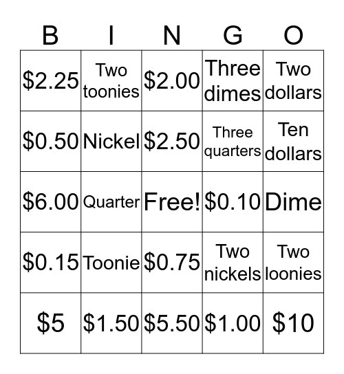 Money Bingo Card