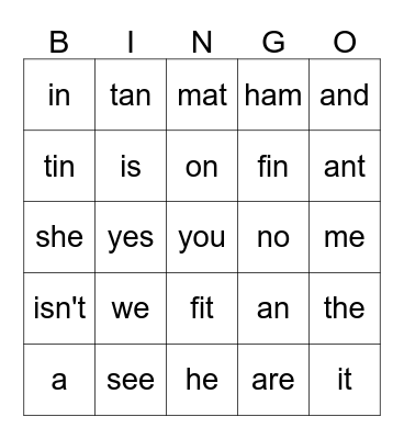 Sight Words SIPPS 1 Bingo Card