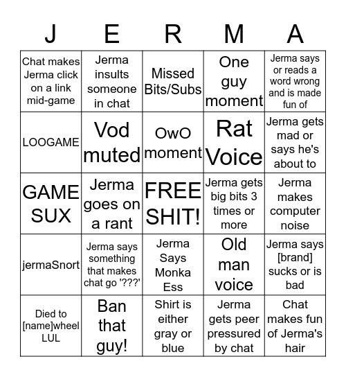 Jerma Stream Bingo Card Bingo Card