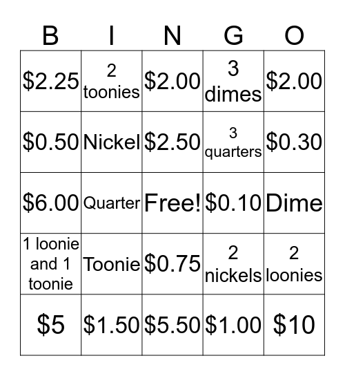 Money Bingo Card