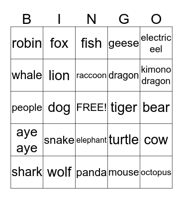 Animal Bingo Card