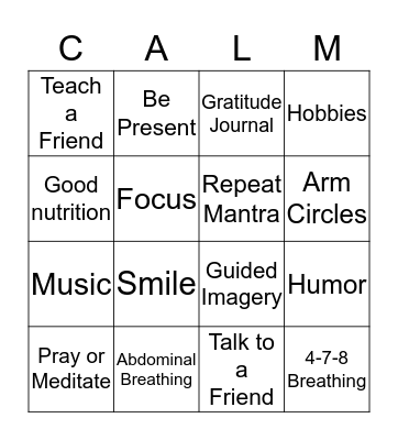 Calming techniques Bingo Card