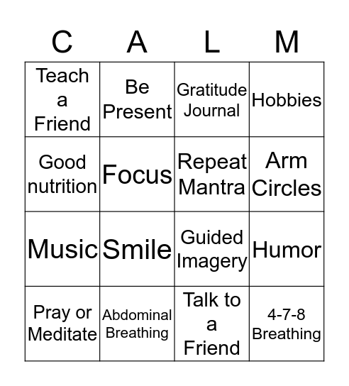 Calming techniques Bingo Card