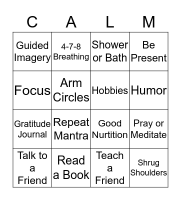 Calming techniques Bingo Card