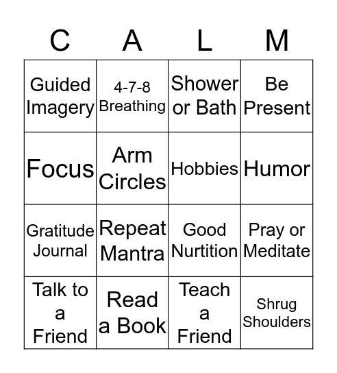 Calming techniques Bingo Card