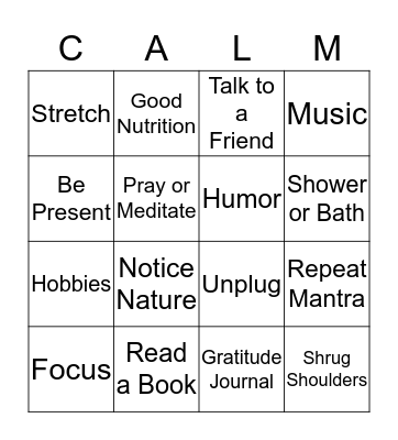 Calming Techniques Bingo Card