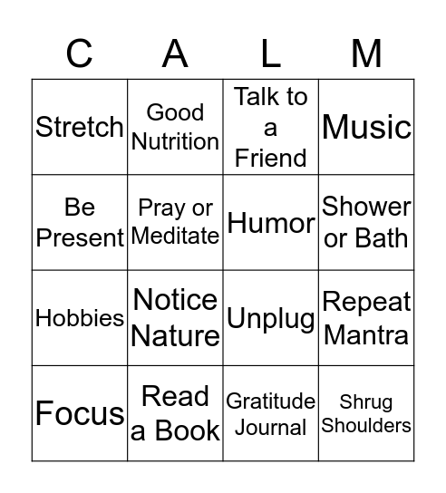 Calming Techniques Bingo Card