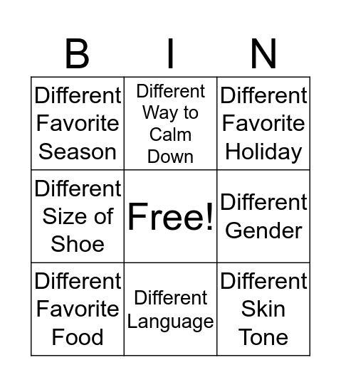 Differences are Cool  Bingo Card