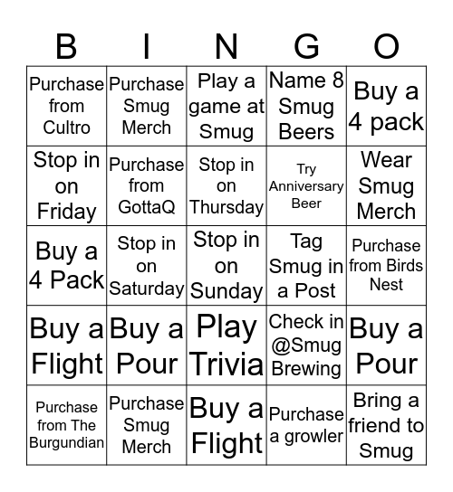 SMUG Anniversary Bingo Card