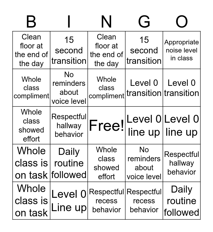 Class B Bingo Card