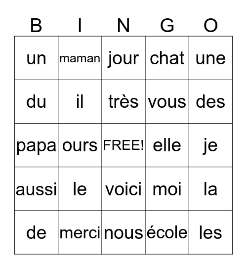 Les mots familiers Bingo Card