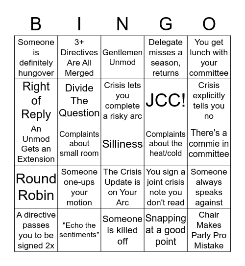 Crisis Bingo Card