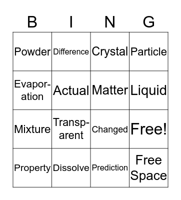 Solids & Liquids Bingo Card