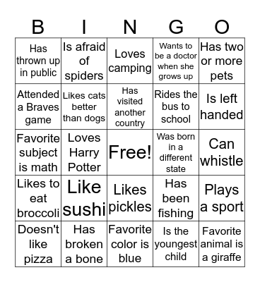 Girl Scout "Get To Know You" Bingo Card