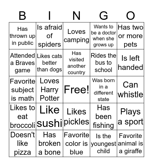 Girl Scout "Get To Know You" Bingo Card