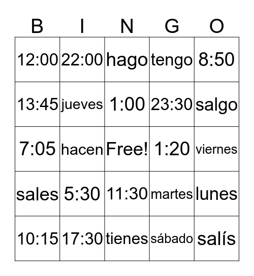 La hora, los días y la rutina Bingo Card