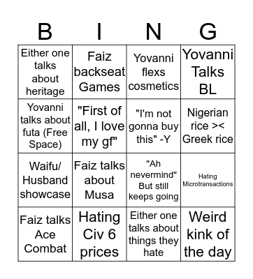 Faiz & Yovanni Bingo Card