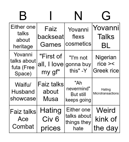 Faiz & Yovanni Bingo Card