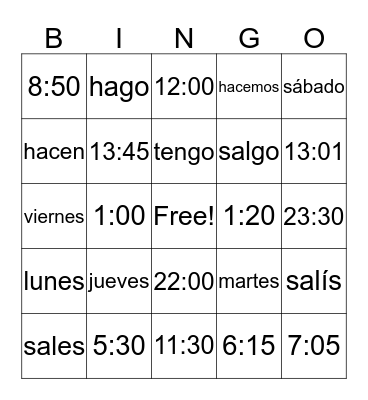 La hora, los días y la rutina Bingo Card