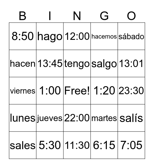La hora, los días y la rutina Bingo Card
