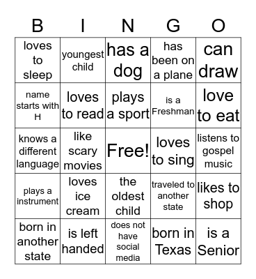 Find A Friend  Bingo Card