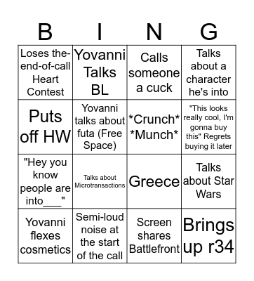 Yovanni Bingo Card