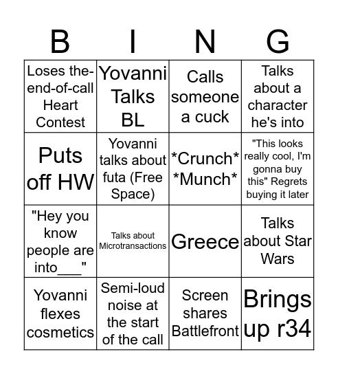 Yovanni Bingo Card