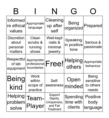 HCA Professionalism Qualities Bingo Card