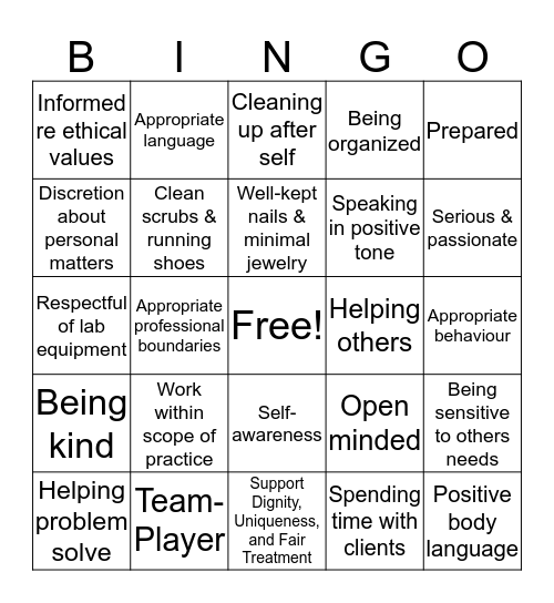 HCA Professionalism Qualities Bingo Card