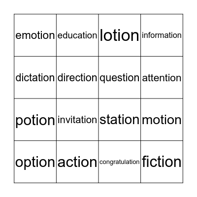 -tion Bingo Card