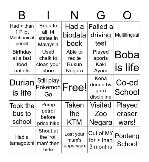 Malaysian Bingo Card