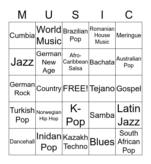 Multiculturalism Through Music Bingo Card