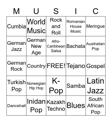 Multiculturalism Through Music Bingo Card