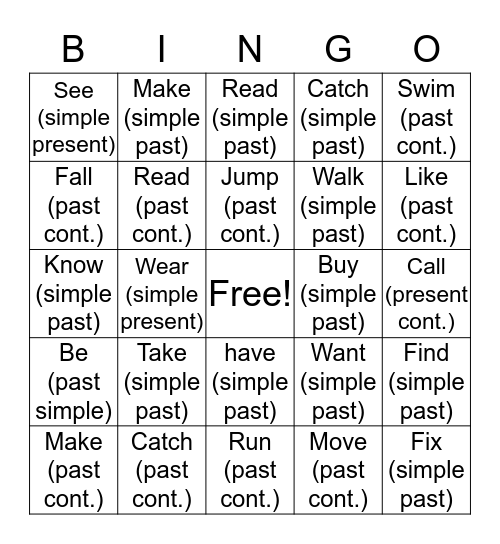 Verb-Mania Bingo Card