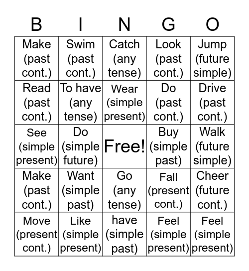 Verb-Mania Bingo Card