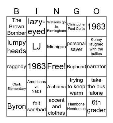The Watsons Go To Birmingham Bingo Card