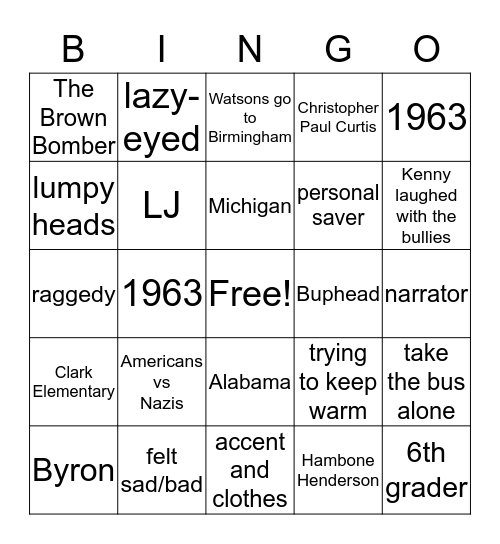 The Watsons Go To Birmingham Bingo Card