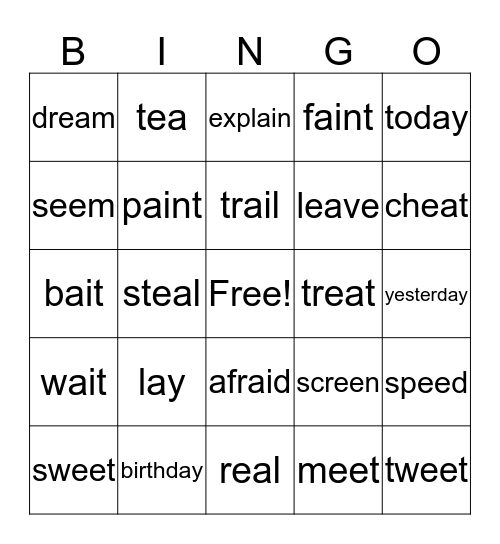 Vowel Teams Long a and Long e Bingo Card