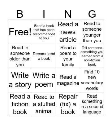 Reading Bingo Card