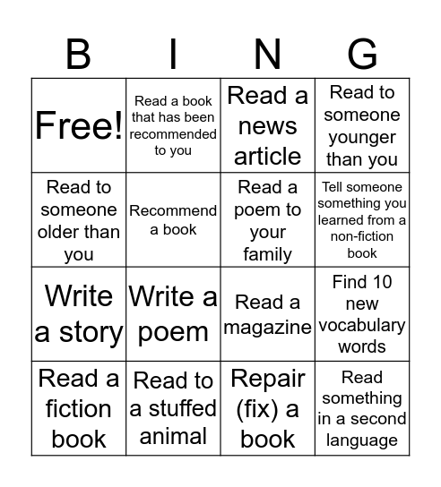 Reading Bingo Card